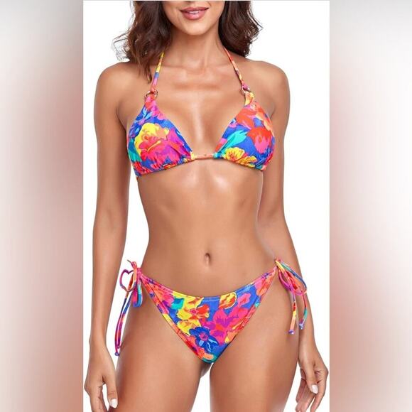 Floral Two Piece Triangle Bikini Set With Gold Details | Colorful Size Large - Picture 9 of 9